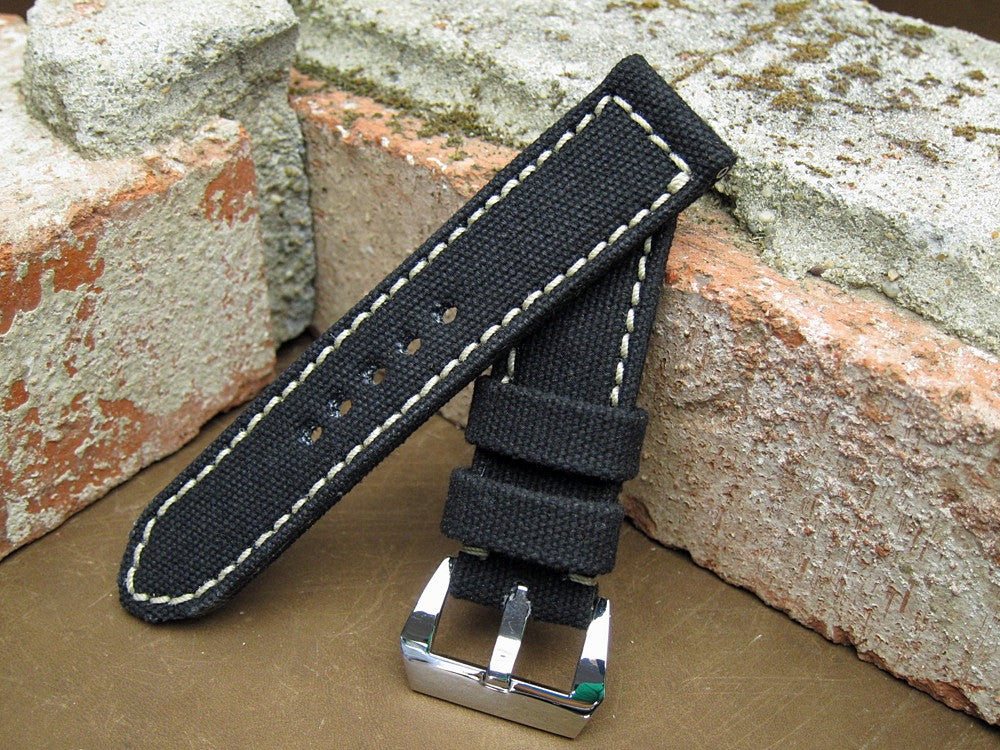 Rolled Black Canvas handcrafted watch strap on PAM112 Luminor