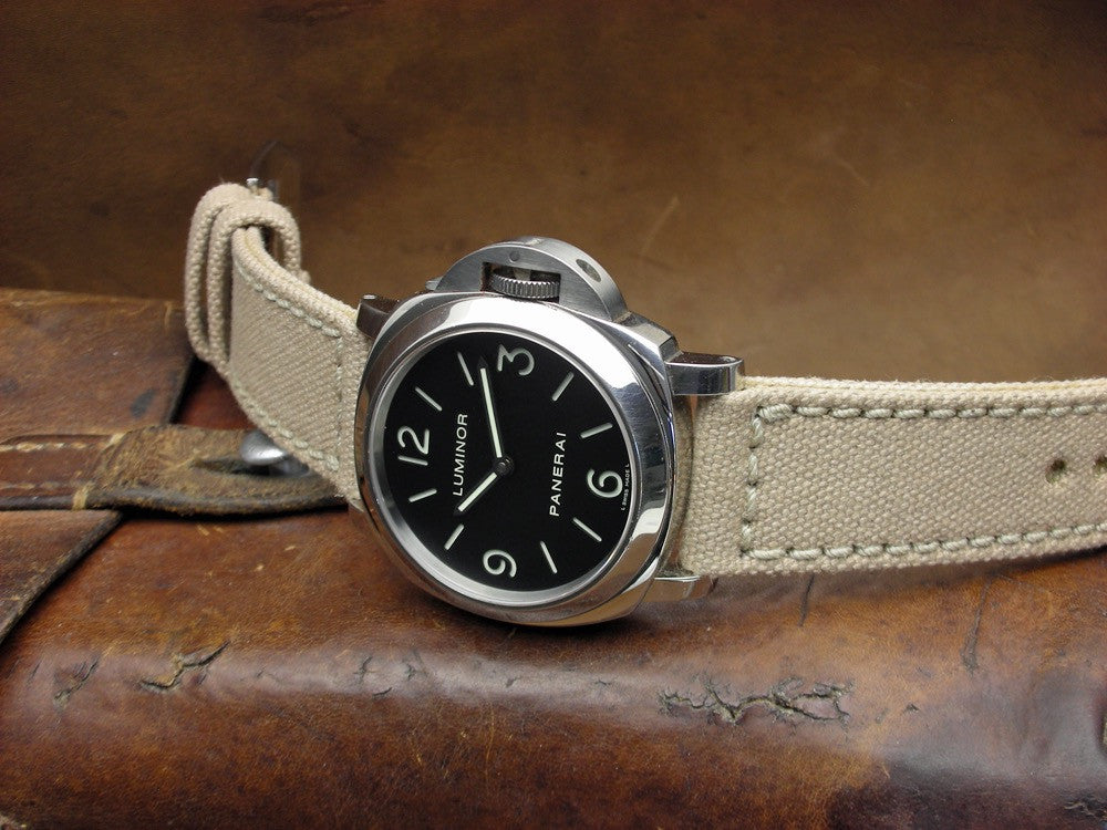 Rolled Tan Canvas handcrafted watch strap on Panerai Luminor