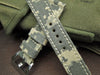 Rolled Army Digi-Camo handcrafted canvas watch strap with tan stitching
