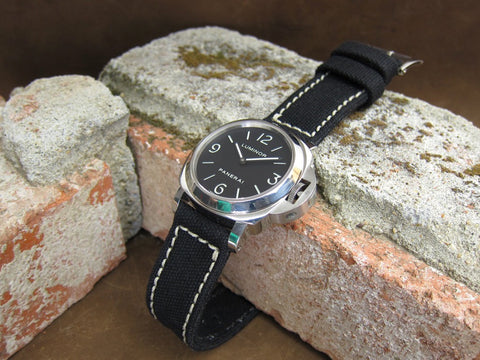 Rolled Black Canvas handcrafted watch strap on PAM112 Luminor