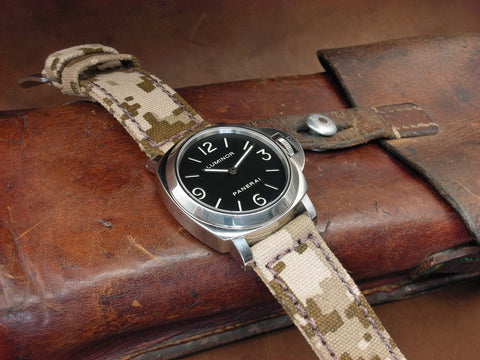 Rolled Digi-Camo handmade canvas watch strap on PAM112 Luminor