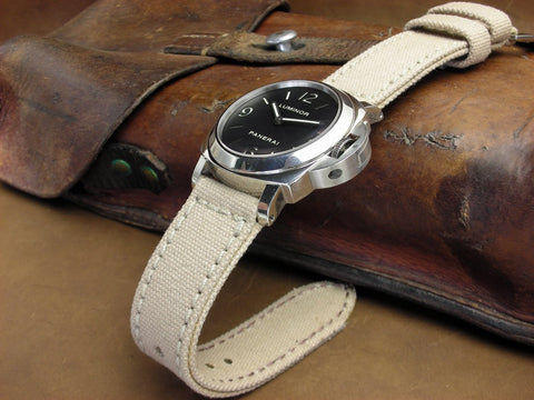 Rolled Tan Canvas handcrafted watch strap on Panerai Luminor